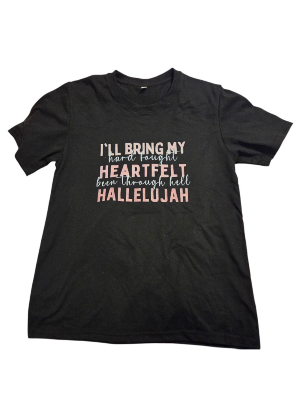 Black Short Sleeve Graphic Tee with Pink & White Text Size M